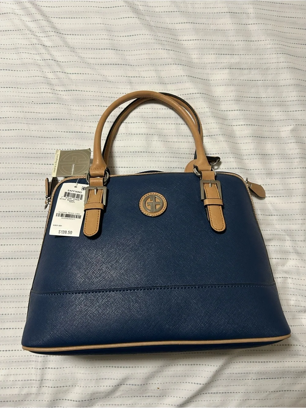 Giani Bernini Navy and Tan Dome Satchel with Crossbody Strap